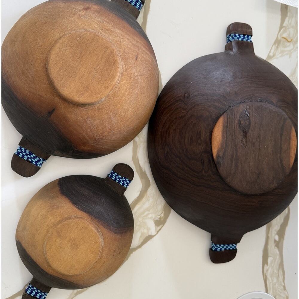African Olive Wood Hand Carved Nesting Bowls Serving Spoon Set Of 3